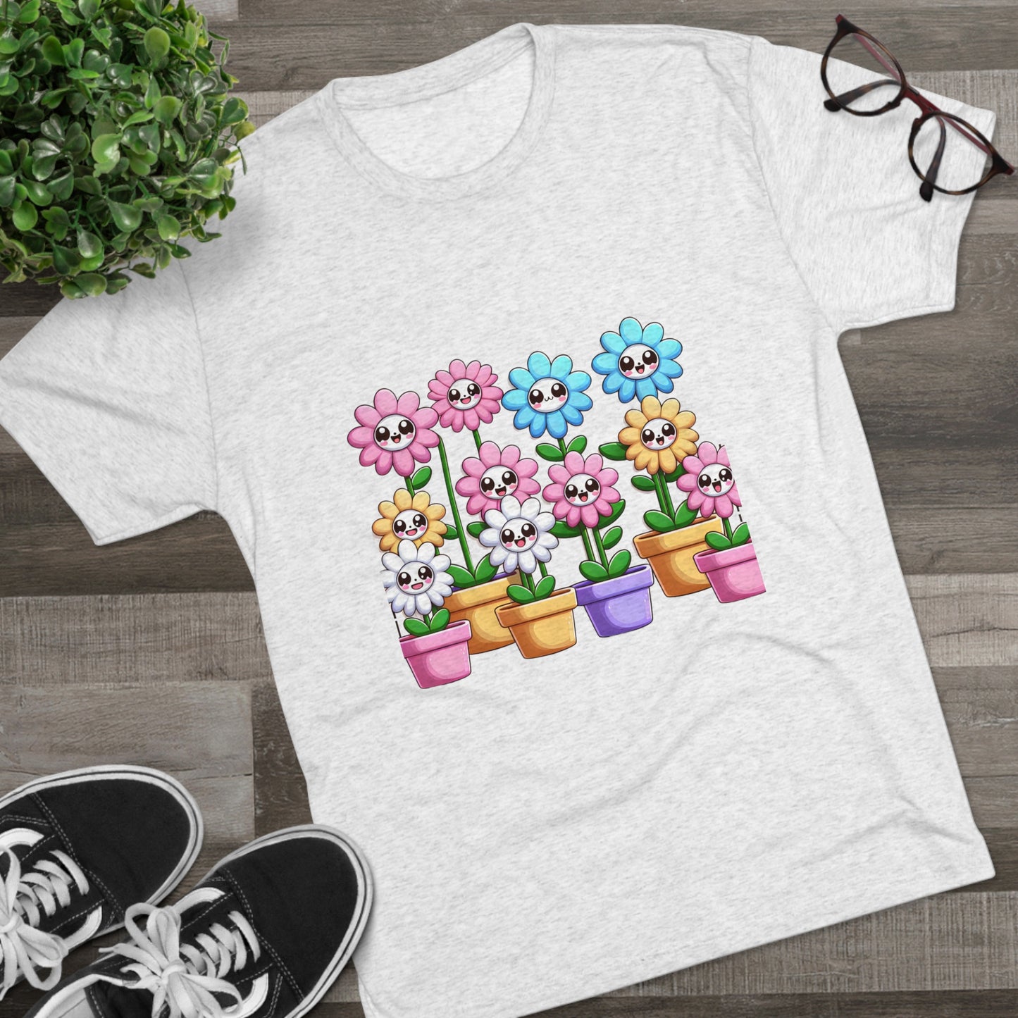 Cheerful Blossoms Kawaii Cartoon Flowerpot Tee