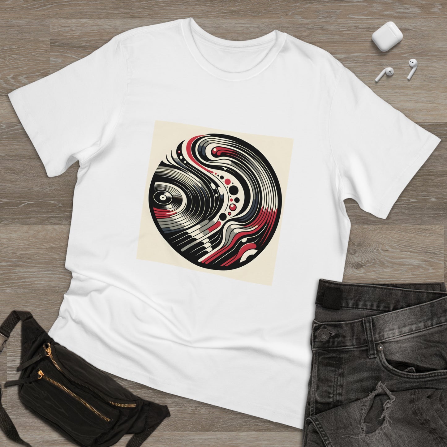 Vinyl Revival Retro Tee: Black, White, Crimson Contour