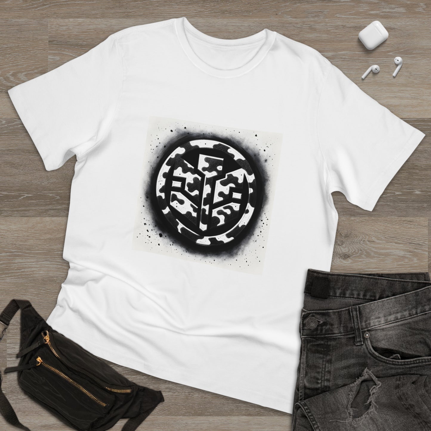 Urban Shadows: Monochrome Camo Charcoal Sketch T-Shirt